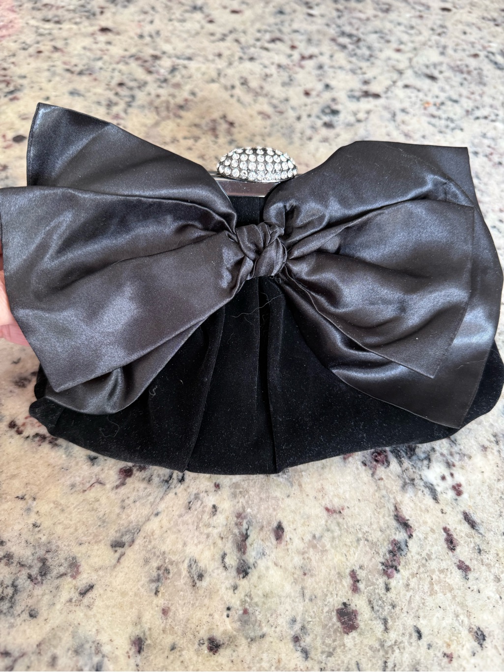 Neiman Marcus Black Velvet & Satin Bow Clutch Evening Bag With Rhinestone Clasp. — image 6 of 8